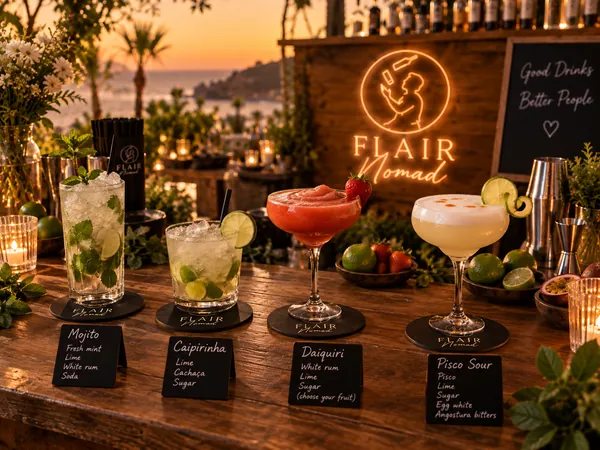 Mojito, caipirinha, daiquiri y pisco sour en la barra de Flair Nomad con el mar de fondo