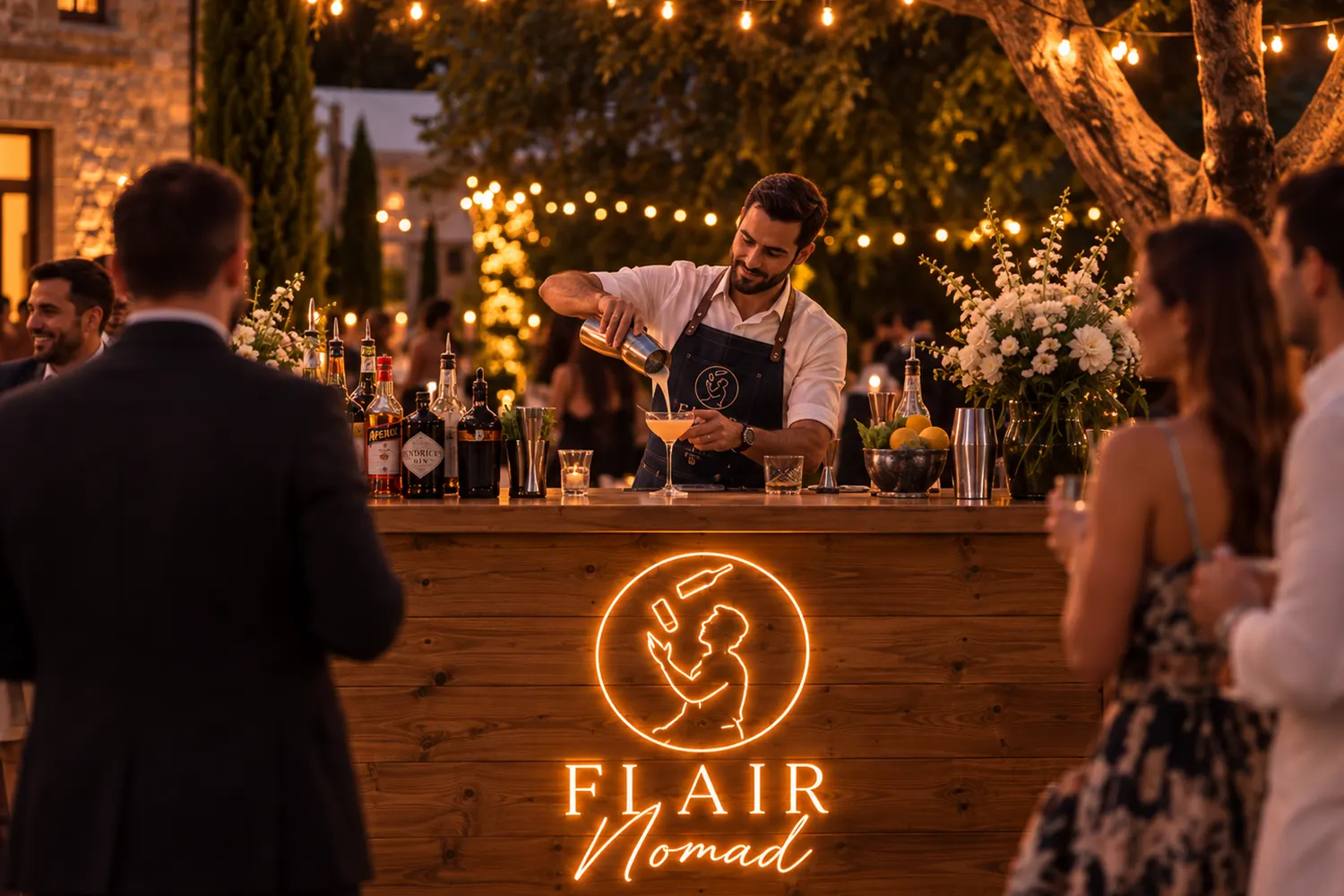 Bartender pouring a cocktail at an outdoor wedding under string lights
