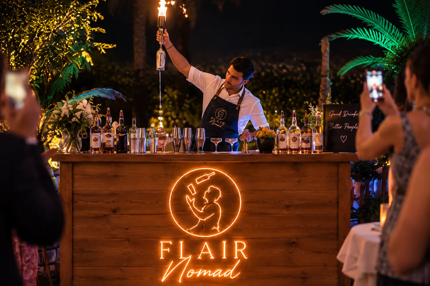 Flair set with fire while guests film it on their phones