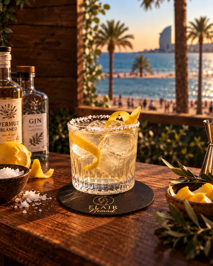 Cóctel Barceloneta con gin, vermut blanco y piel de limón frente a la playa