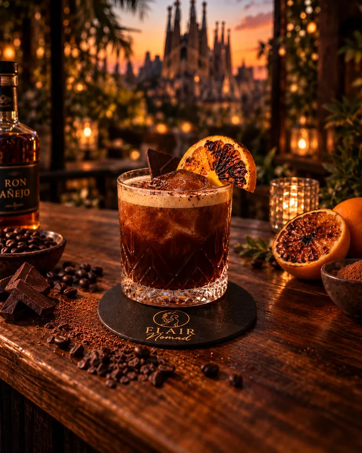 Cóctel Fuego Lento de ron añejo, café y cacao con naranja quemada