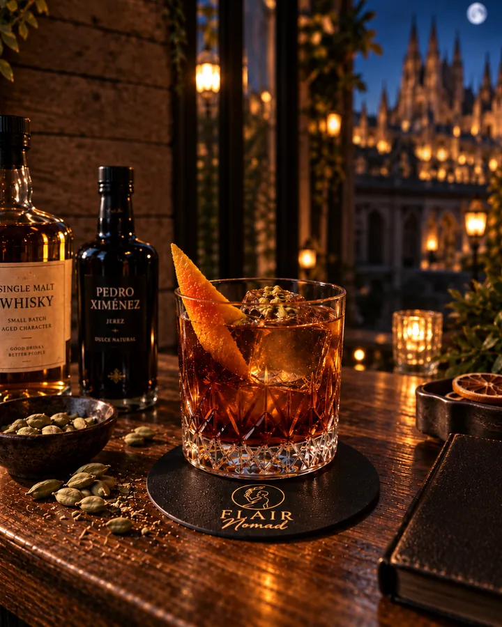Cóctel Medianoche con whisky, Pedro Ximénez y cardamomo, con la Sagrada Família de noche