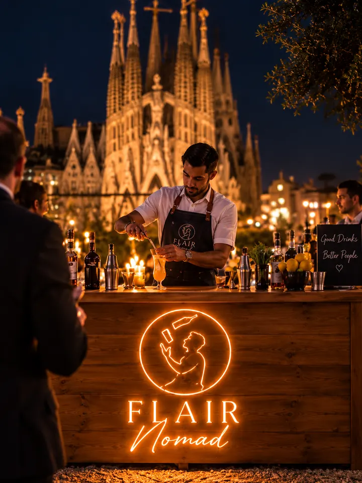 Barra de noche frente a la Sagrada Família