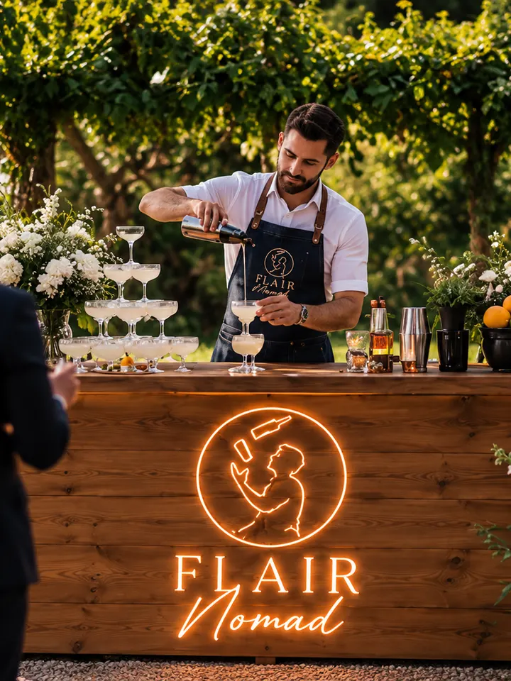 Torre de copas de cava en una boda de jardín